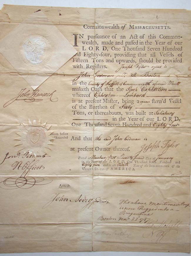 An 18th century Ships' Registry document signed by JOHN HANCOCK as Governor of Massachusetts on Jan.22, 1785. — image 7